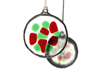 Fused glass ornament, glass mini suncatcher, stained glass ornament, glass Christmas ornament, red and green ornament, fused glass Christmas