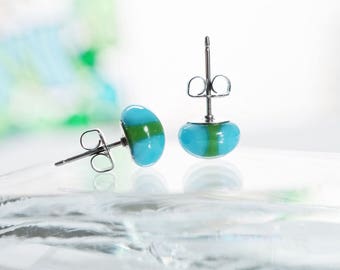 Blue fused glass studs, blue and green stud earrings, blue glass earrings, colorful glass earrings, blue studs, birthday gift for her