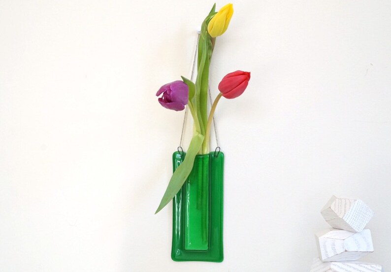 Green Glass Hanging Vase Flower Pocket Bud Wall Fused Art Unique