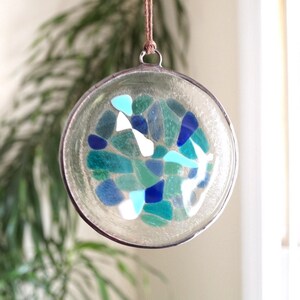 Blue stained glass suncatcher large, fused glass suncatcher, mosaic glass suncatcher, sea glass art, glass beach creations, colorful glass image 4