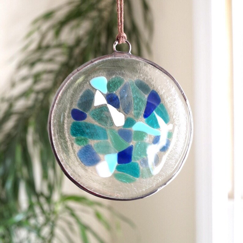 Blue stained glass suncatcher large, fused glass suncatcher, mosaic glass suncatcher, sea glass art, glass beach creations, colorful glass image 4