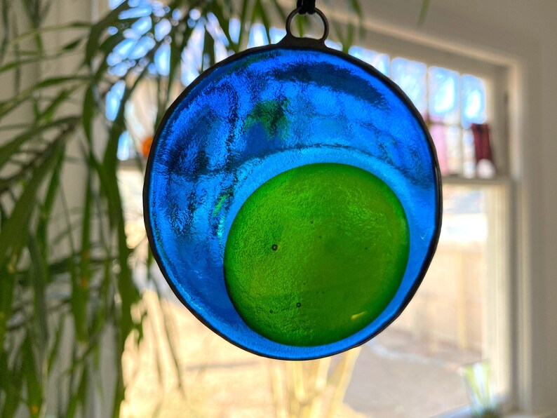 Round Stained Glass Suncatcher Blue and Green Fused Glass Etsy