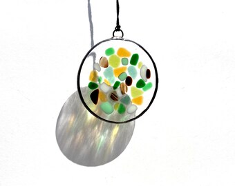 Earthy colors stained glass suncatcher, colorful fused glass suncatcher, mosaic glass suncatcher, glass art, green and grown round glass