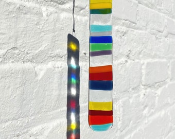 Glass suncatcher with multicolored stripes, Colorful fused glass window decor, Unique housewarming gift