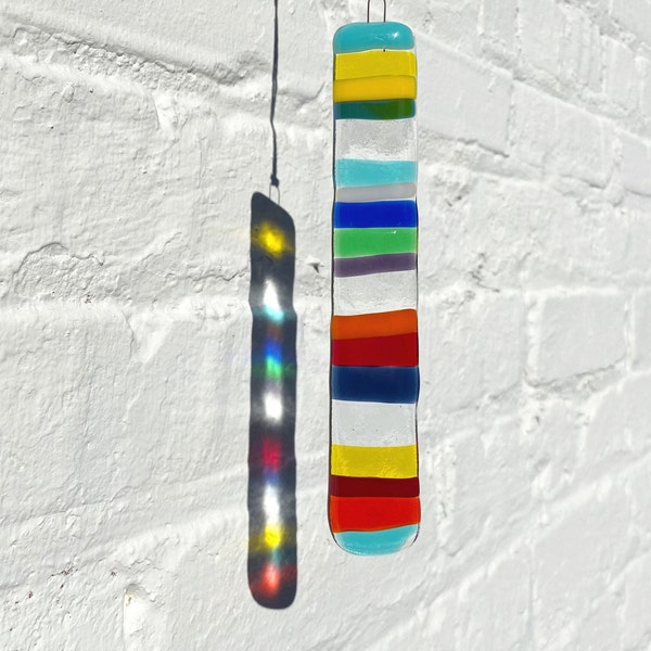 Glass suncatcher with multicolored stripes, Colorful fused glass window decor, Unique housewarming gift