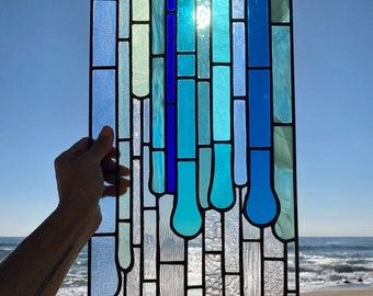 Colorful modern stained glass panel, abstract stained glass, vertical stained glass art, blue and clear stained glass window hanging 10 x 17