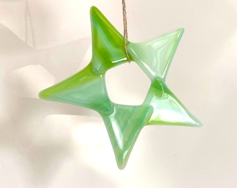 Glass star garden ornament, wispy green fused glass star window decoration, handcrafted celestial suncatcher, soft green baby room decor