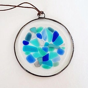 Blue stained glass suncatcher large, fused glass suncatcher, mosaic glass suncatcher, sea glass art, glass beach creations, colorful glass image 6