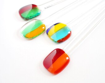 Colorful striped glass swizzle sticks, set of 4 cocktail stirrers, glass drink stirrers, glass java sticks, quarantini, coffee stir sticks