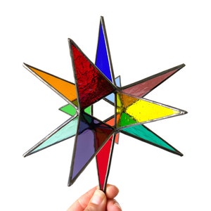 MADE TO ORDER Stained glass Moravian star, colorful rainbow stained glass star, geometric stained glass suncatcher, rainbow pride decor image 1