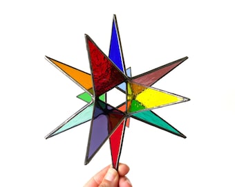 MADE TO ORDER Stained glass Moravian star, colorful rainbow stained glass star, geometric stained glass suncatcher, rainbow pride decor