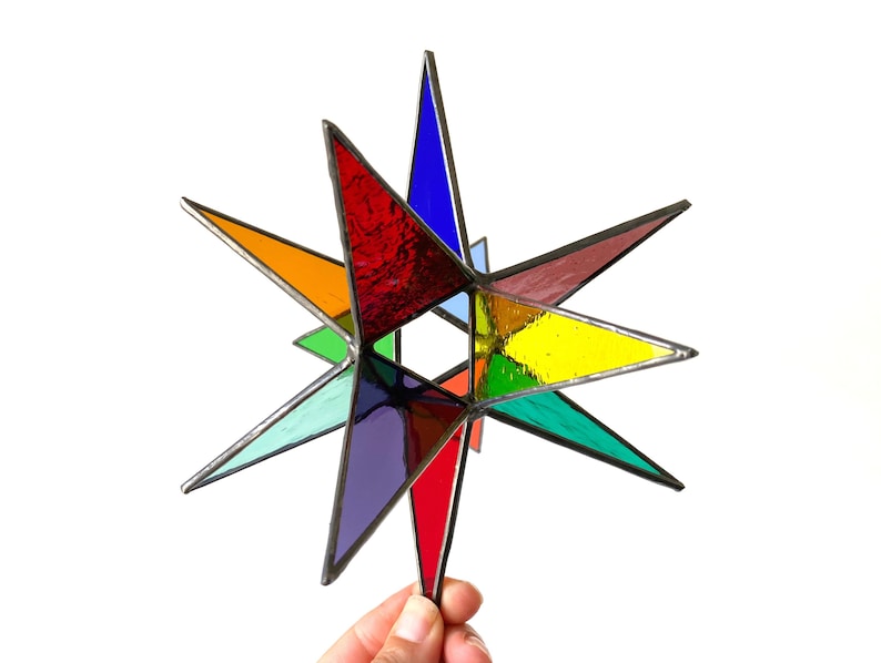 MADE TO ORDER Stained glass Moravian star, colorful rainbow stained glass star, geometric stained glass suncatcher, rainbow pride decor image 1