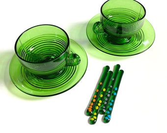 Vintage tea cups with handcrafted glass swizzle sticks, Tea lover gift set, Green glass tea cups with stirrers, Tea for two, gift for mom