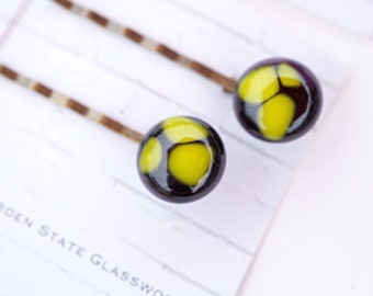 On Sale! Black and yellow glass bobby pins, set of 2 fused glass hairpins, glass hair accessories, colorful barrettes, gifts for hairdresser