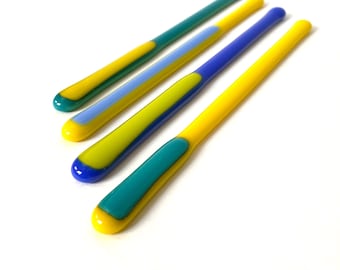 Glass drink stirrer set for home bar, Gift for cocktail bar cart, Colorful glass coffee stirrers, Blue and yellow swizzle sticks