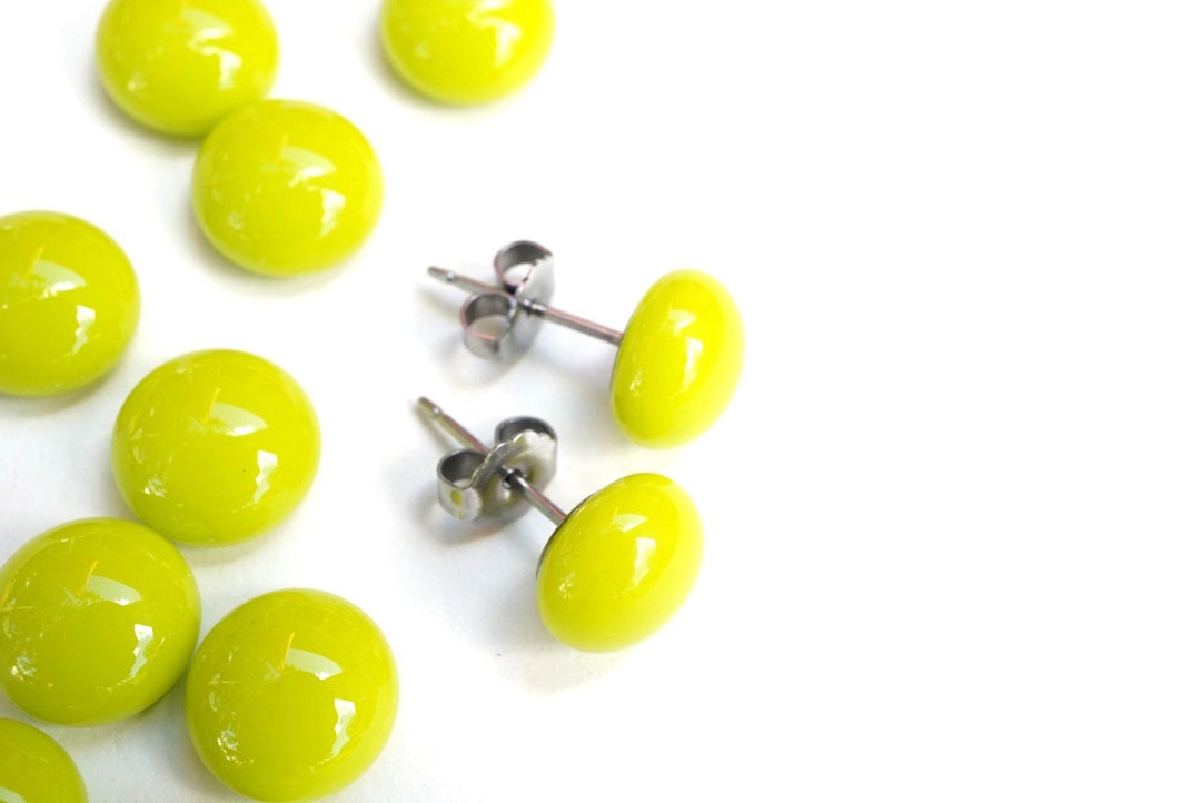Lime green glass stud earrings, colorful fused glass jewelry, chartreuse statement earrings, earrings to wear everyday, round glass earrings