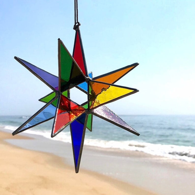 MADE TO ORDER Stained glass Moravian star, colorful rainbow stained glass star, geometric stained glass suncatcher, rainbow pride decor image 5