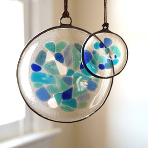 Blue stained glass suncatcher large, fused glass suncatcher, mosaic glass suncatcher, sea glass art, glass beach creations, colorful glass image 3