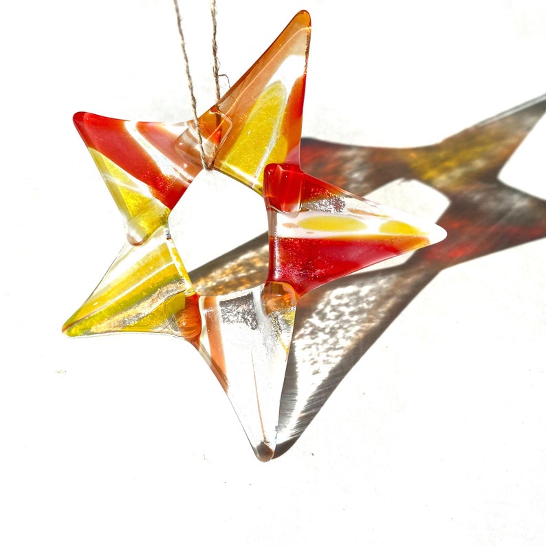 Multicolored glass star sunctcher, red and yellow fused glass star window ornament, unique hostess gift, colorful glass window art image 1