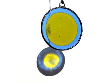 Fused glass suncatcher small, blue and yellow round glass suncatcher, colorful stained glass suncatcher, circle light catcher, modern art