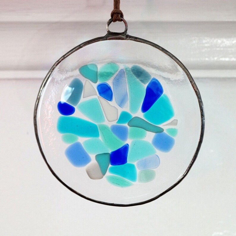 Blue stained glass suncatcher large, fused glass suncatcher, mosaic glass suncatcher, sea glass art, glass beach creations, colorful glass image 9