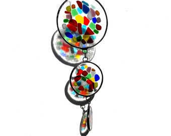 Long stained glass suncatcher, Colorful fused glass mobile, Multicolored mosaic glass art, Unique window decor, Modern stained glass