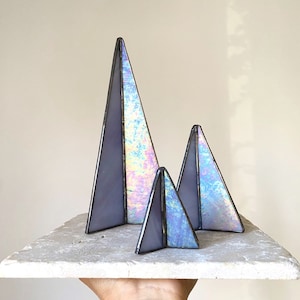 Iridescent stained glass tree set, minimalist stained glass Christmas forest centerpiece, set of three table-top glass trees
