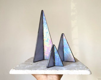 Iridescent stained glass tree set, minimalist stained glass Christmas forest centerpiece, set of three table-top glass trees