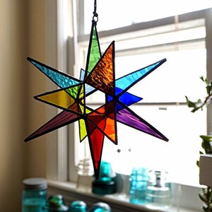 MADE TO ORDER Stained glass Moravian star, colorful rainbow stained glass star, geometric stained glass suncatcher, rainbow pride decor image 2