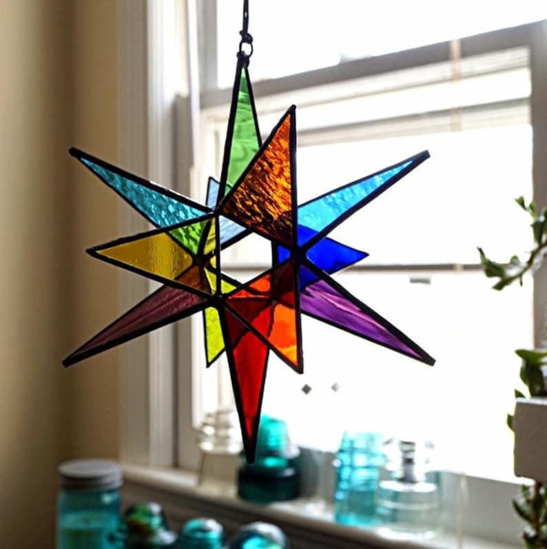 MADE TO ORDER Stained glass Moravian star, colorful rainbow stained glass star, geometric stained glass suncatcher, rainbow pride decor image 2