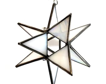 Stained glass iridescent Moravian star, geometric stained glass suncatcher, small white iridescent glass star with black patina