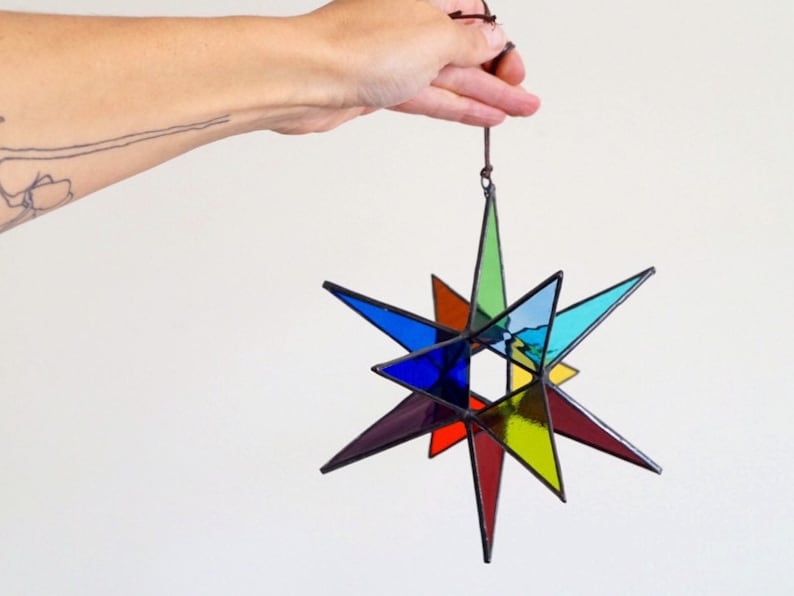 MADE TO ORDER Stained glass Moravian star, colorful rainbow stained glass star, geometric stained glass suncatcher, rainbow pride decor image 6