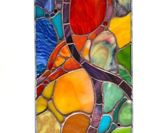 Colorful modern stained glass panel, Abstract shapes glass art, Handcrafted original stained glass window art