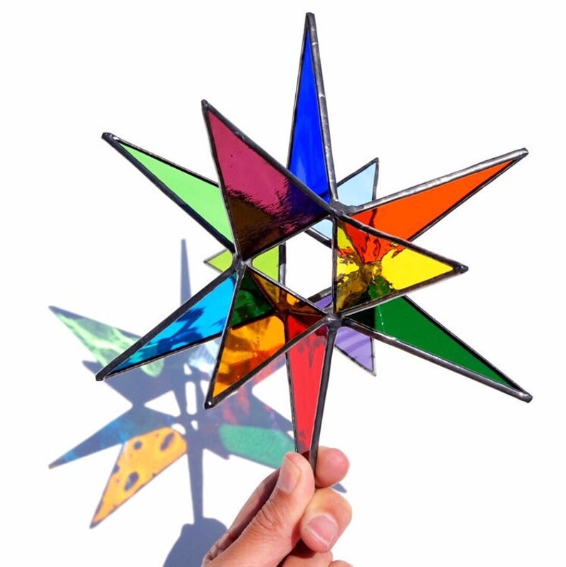 MADE TO ORDER Stained glass Moravian star, colorful rainbow stained glass star, geometric stained glass suncatcher, rainbow pride decor image 4
