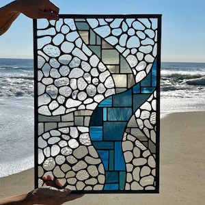 Large abstract stained glass panel, blue and clear leaded glass window hanging, one-of-a-kind Tiffany-style glass art, water and pebbles