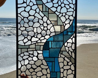 Large abstract stained glass panel, blue and clear leaded glass window hanging, one-of-a-kind Tiffany-style glass art, water and pebbles
