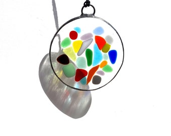 Fused glass suncatcher small, colorful stained glass suncatcher, colorful round fused glass ornament, multicolored mosaic glass window art