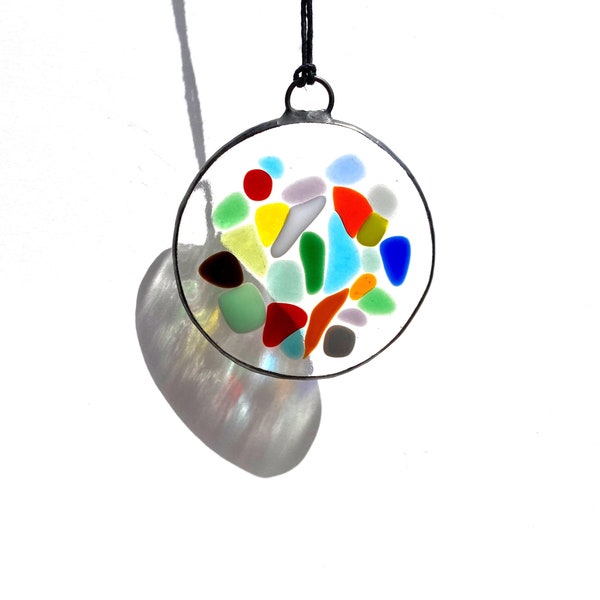 Fused glass suncatcher small, colorful stained glass suncatcher, colorful round fused glass ornament, multicolored mosaic glass window art