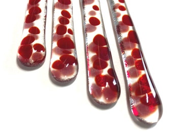 Handcrafted glass swizzle sticks for cocktails, Set of 4 red drink stirrers, Glass coffee stirrers, Home bar accessory, Beautiful mocktails