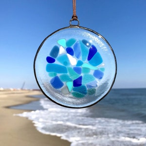 Blue stained glass suncatcher large, fused glass suncatcher, mosaic glass suncatcher, sea glass art, glass beach creations, colorful glass image 2