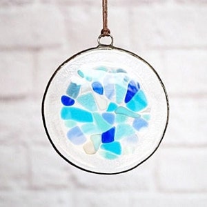 Blue stained glass suncatcher large, fused glass suncatcher, mosaic glass suncatcher, sea glass art, glass beach creations, colorful glass image 8