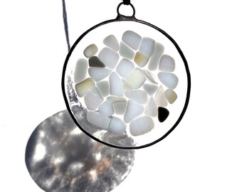 Round stained glass suncatcher large, fused glass suncatcher, white mosaic glass suncatcher, snowy winter white glass window art