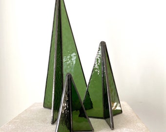 Green stained glass tree set, minimalist stained glass Christmas forest centerpiece, set of three standing glass trees, 3D stained glass