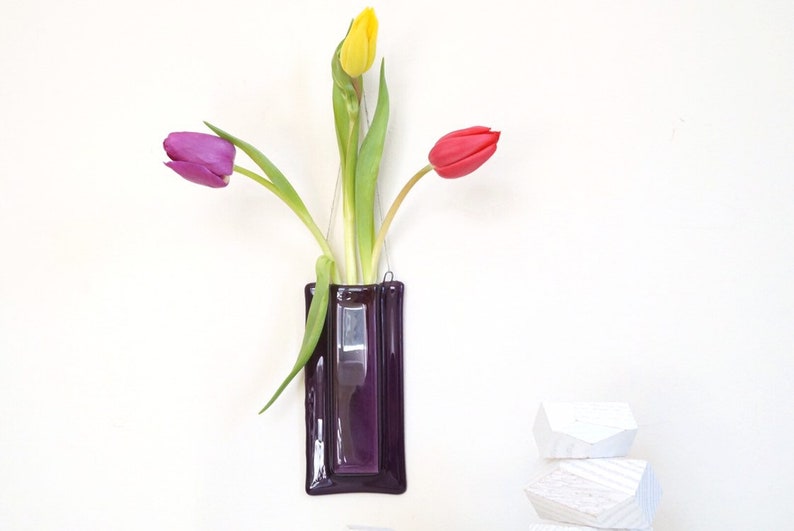 Purple Glass Flower Pocket Bud Vase Fused Hanging Wall Mothers Day Gift Handcrafted