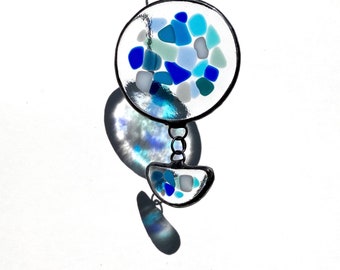 Blue mosaic stained glass suncatcher, sea glass art, fused glass beach creations, colorful glass gift for mom
