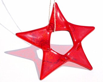 Red glass star suncatcher, Colorful fused glass window art, Celestial gift for astrologer, Red glass ornament, Ready to ship glass art