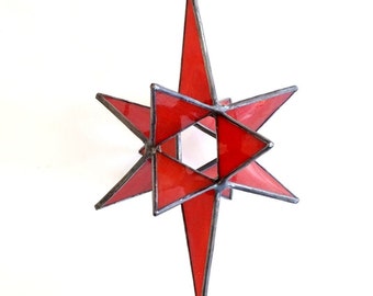 Red stained glass star decoration, Red glass 3-dimensional window decor, gift for mom, Glass Moravian star of Bethlehem, Gift for Girlfriend