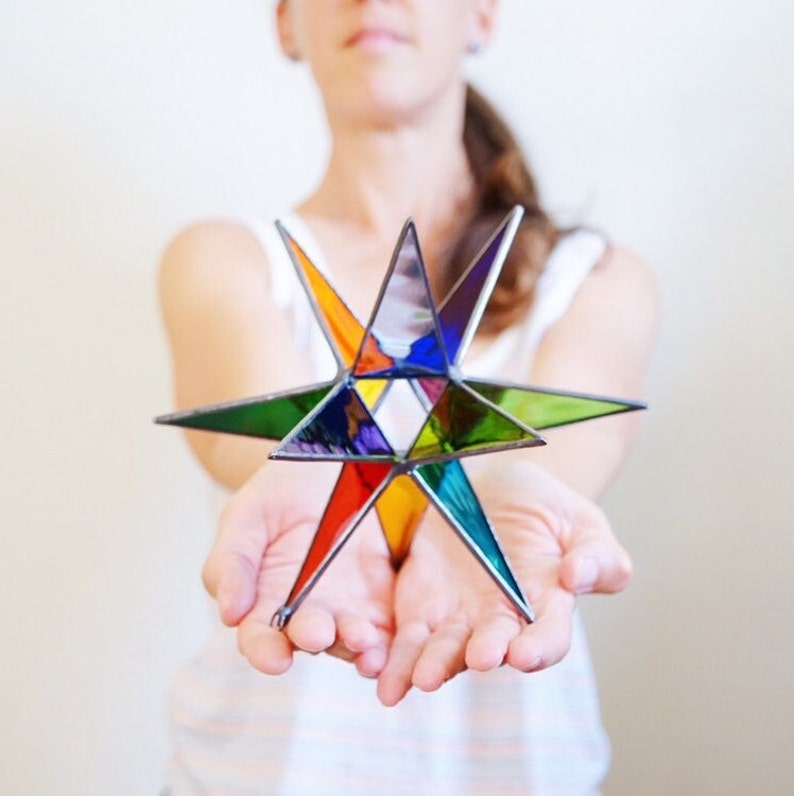 MADE TO ORDER Stained glass Moravian star, colorful rainbow stained glass star, geometric stained glass suncatcher, rainbow pride decor image 3
