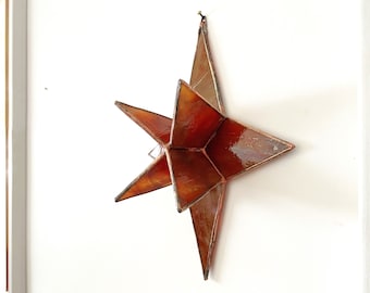 Stained glass Moravian star wall decoration, rustic brown star of Bethlehem, window hanging 3-D glass star, earth toned wall artl