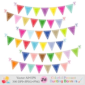 Colorful Pennant Bunting Banners Clip Art, Birthday Party Bunting Banners Clipart, Bunting Flags Digital Download Vector Clip Art